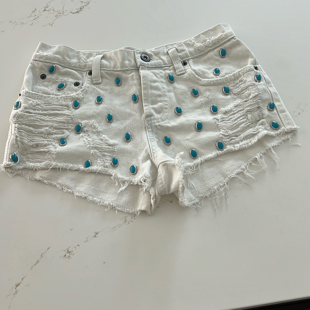 LF White Denim Beaded Short Shorts